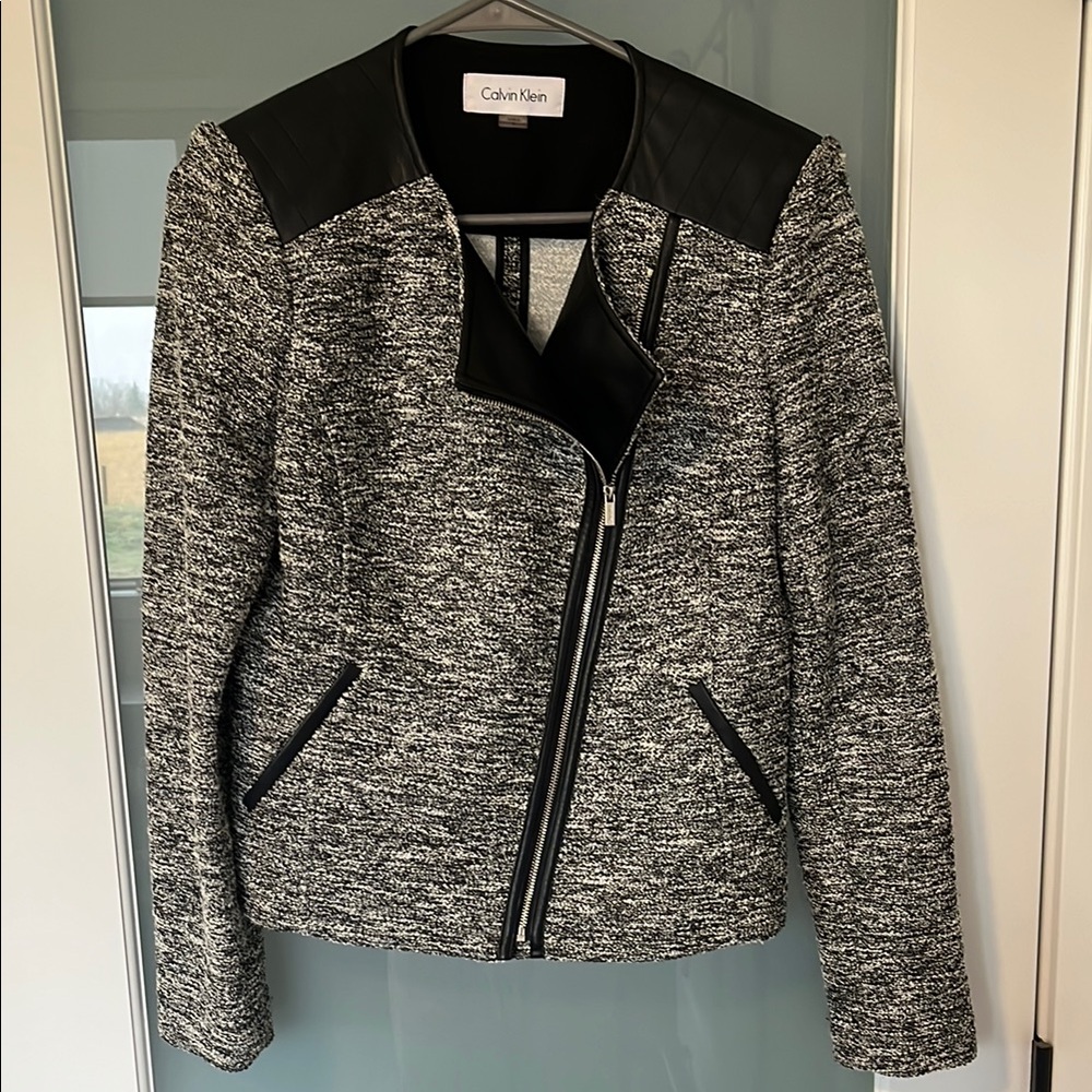 Calvin Klein Women's Tweed Jacket with Leather accents